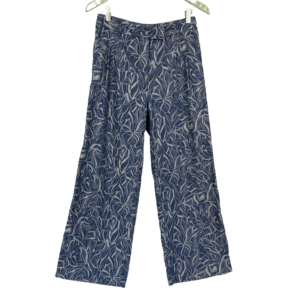 J McLaughlin Morgan Pants 4 Womens Blue Chambray Wide Leg Crop Leaf Print 28x28